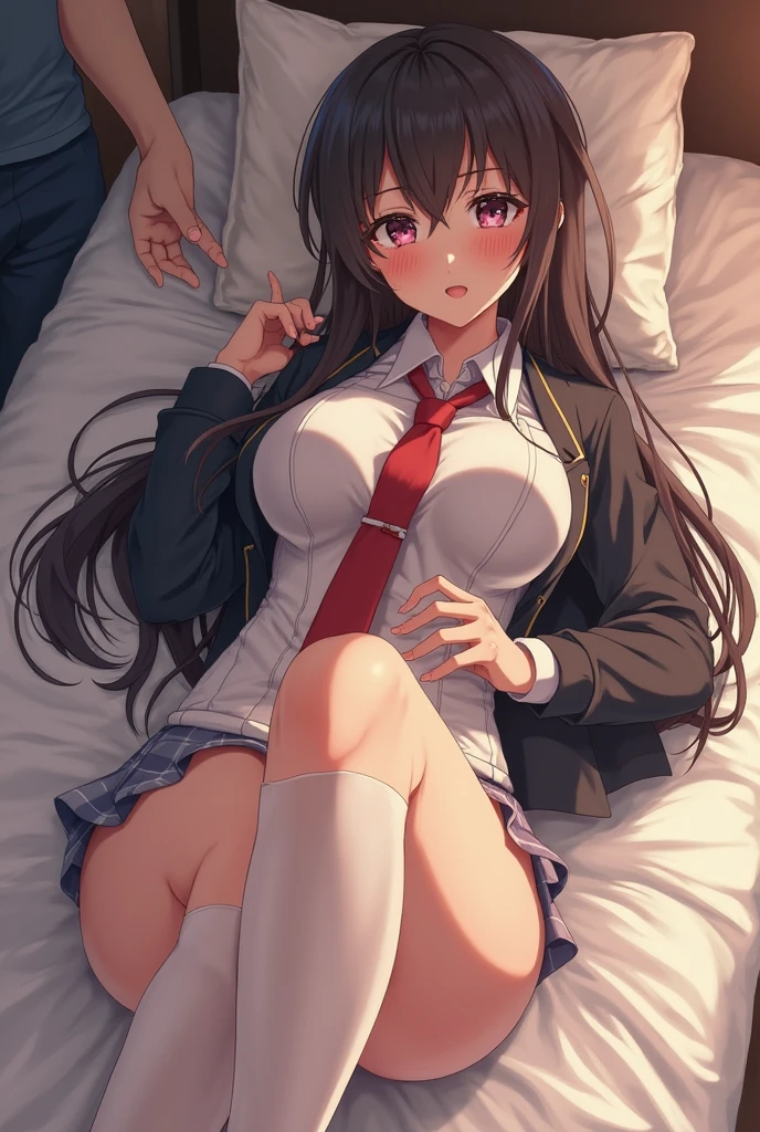 ((Browsing Caution:1.4, masterpiece, highest quality, High resolution, 超High resolution, Perfect Pixel, Depth of written boundary, 4K, RTTX 10.0, High resolution))), (One girl:1.3), single, alone, she, Beautiful Anime Girls, Beautiful art style, Anime characters, ((Long Hair, bangs, Dark brown hair, Curly Hair)), ((Beautiful eyelashes)), ((Detailed face:1.2)), ((Smooth texture:0.75, Realistic texture:0.5, Anime CG Style)), ((Beautiful and large breasts, Cleavage)), indoor, ((School nurse's office:1.1), Pipe bed), Perfect body, Slender body ((Sleeping in bed, (lying on one's back:1.5), sleepy, close your eyes, Lying in bed, Sleeping pose:1.2)), (Natural light, Reflection of light, Daytime scenery),(Open your mouth wide:1.3)), (Put one hand in your panties:1.8), fingering, (pussy juice:1), (Perfect hands, Perfect Anatomy, Exact number of hands), Embarrassed expression, sexual pleasure expression, Hold your pee、Patience is the limit、On the brink of climax, Short Bob, ((blazer:1.3), White shirt, (Check skirt:1.1), (Red ribbon at neck:1.4)), (sheのシャツは胸元が開いている, Stylish pink bra:1.1), (The skirt is flipped up, Stylish pink side-tie panties:1.1)