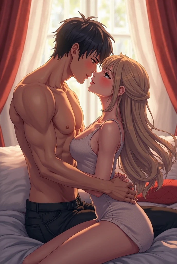 masterpiece, high quality, High resolution, super detailed, perfect anatomy, handsome boy, beautiful eyes, fine eyes, Big eyes, beautiful girl,((((1 boy and 1 girl)))),((couple)), duo, hetero, NSFW, hug, looking away, (((flat chest))), (((small breast))), long hair
