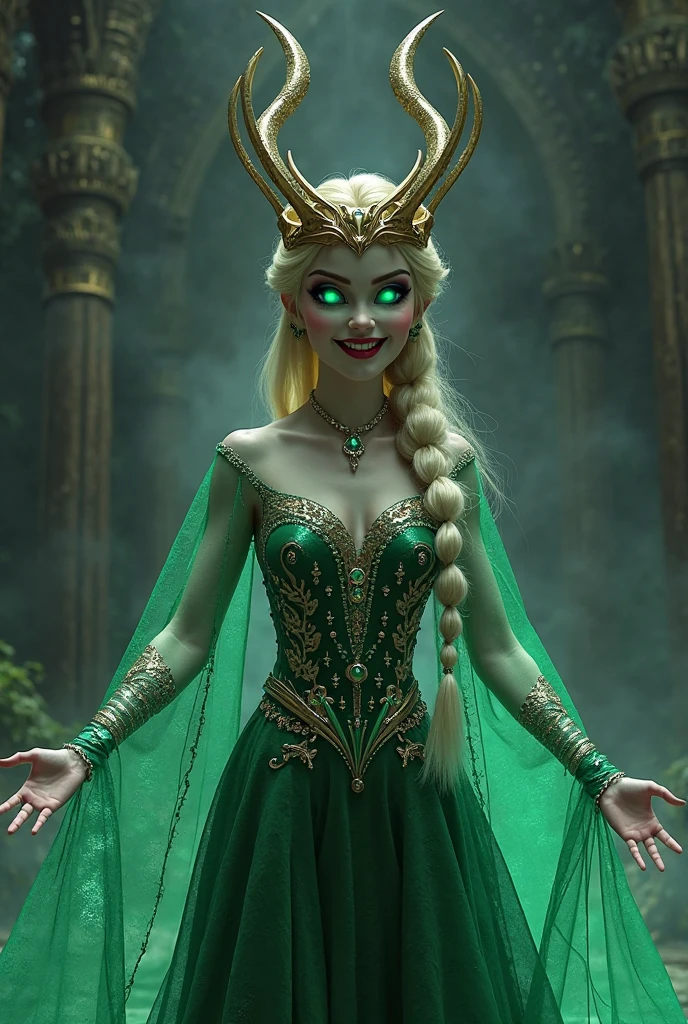 solo mid shot portrait photo of [Dakota Johnson|Maggie Lindemann] as [Hailey Clauson|Hailey Grice] as a real life version of ((Queen Elsa:0.9):1.28)
dark fantasy background, charming smirking
by Studio Ghibli and Maciej Kuciara ultra realistic highly detailed intricate photorealistic analog style photograph sharp focus on eyes, cinematic lighting