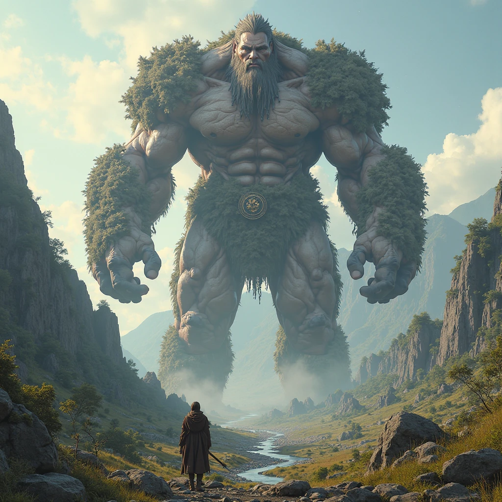 A towering, wild spirit of the mountain, with a body made of stone, earth, and vegetation, standing atop a rugged peak. The sky around it is dark, filled with storm clouds, and the air crackles with wild, untamed energy. (high resolution, ultra detailed, 8K, photorealistic, dynamic lighting, cinematic composition, mystical atmosphere)