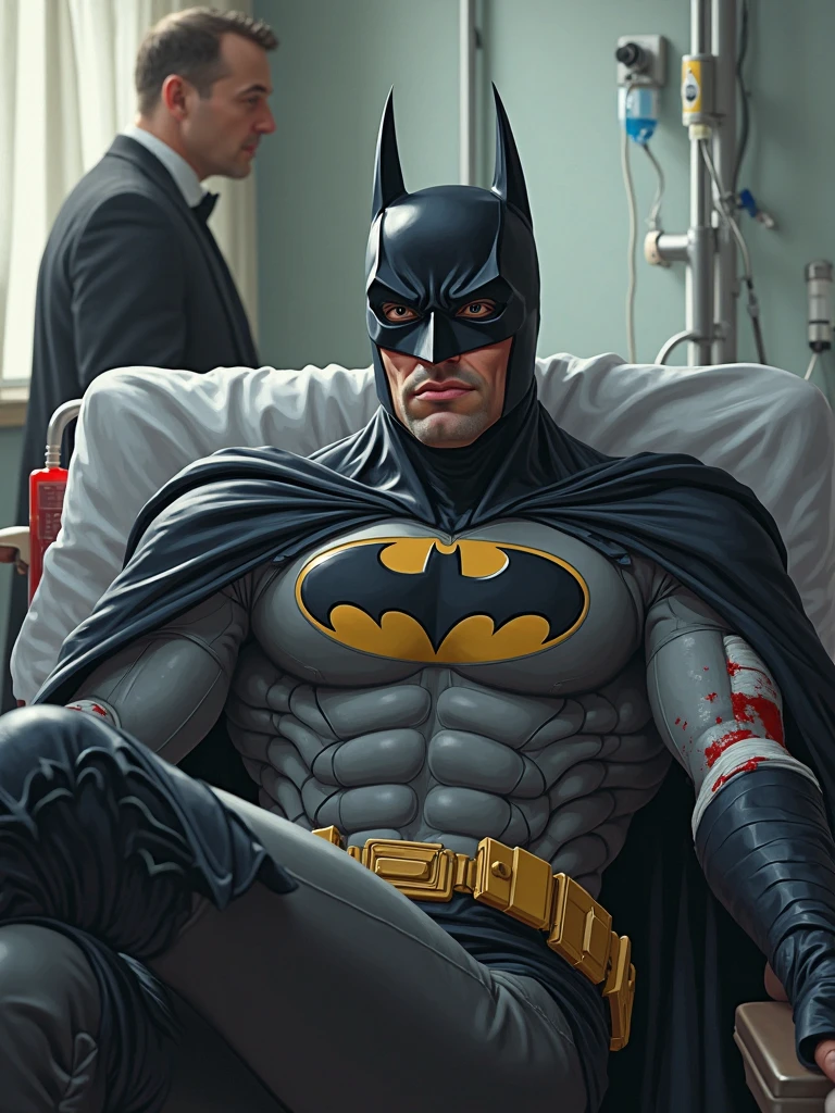 Batman in a wheelchair super old and crazy with gray hair and with a torn Batman costume without a mask. Sad and tired face. Psychiatric center fund. American style black and white drawing