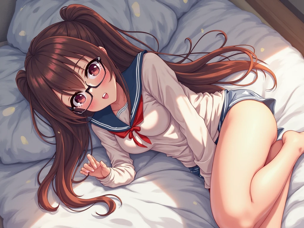 Chica de anime de pechos grandes usando gafas con camisa de vestir elegante levantada con un nudo mostrando su vientre y la mitad de sus pechos, vientre sexy mojado con gotas de agua, con falda plisada a cuadros falda corta usando calsas blancas con liguero,long brown hair, applying white cream on the belly.