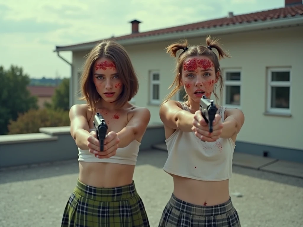 Red background with burnt down house all red with wilted red flowers around, light brunette girl with straight black hair and pretty men and one red eye and another black eye dressed in short black shorts and a short black blouse and blood on her thighs and a black-haired white boy holding a gun on the girl&#39;s head and in the other hand a withered red flower, dressed in black with one red eye and one black eye