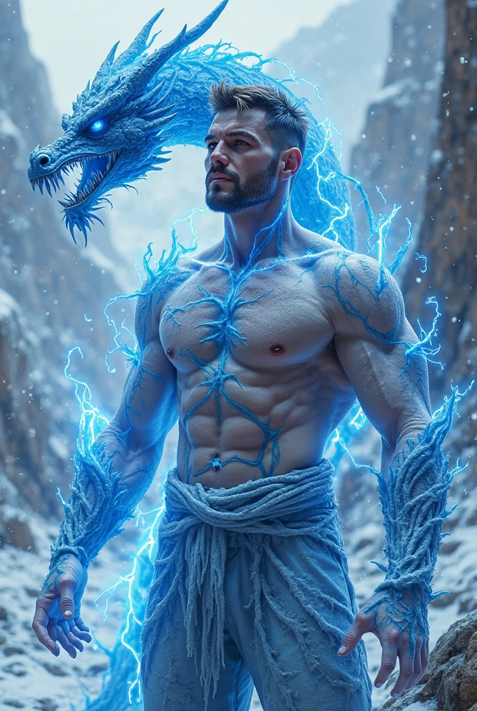Male top ???? white skin brown hair muscular mortal kombat karetker with icy back realistic wild blue big ice dragon is icy mountain blue lightning around get a realistic picture red full moon red get a realistic picture front and closeup