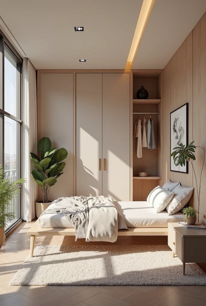 12x14 bedroom interior design. Single bed, small wardrobe, vanity. Modern theme
