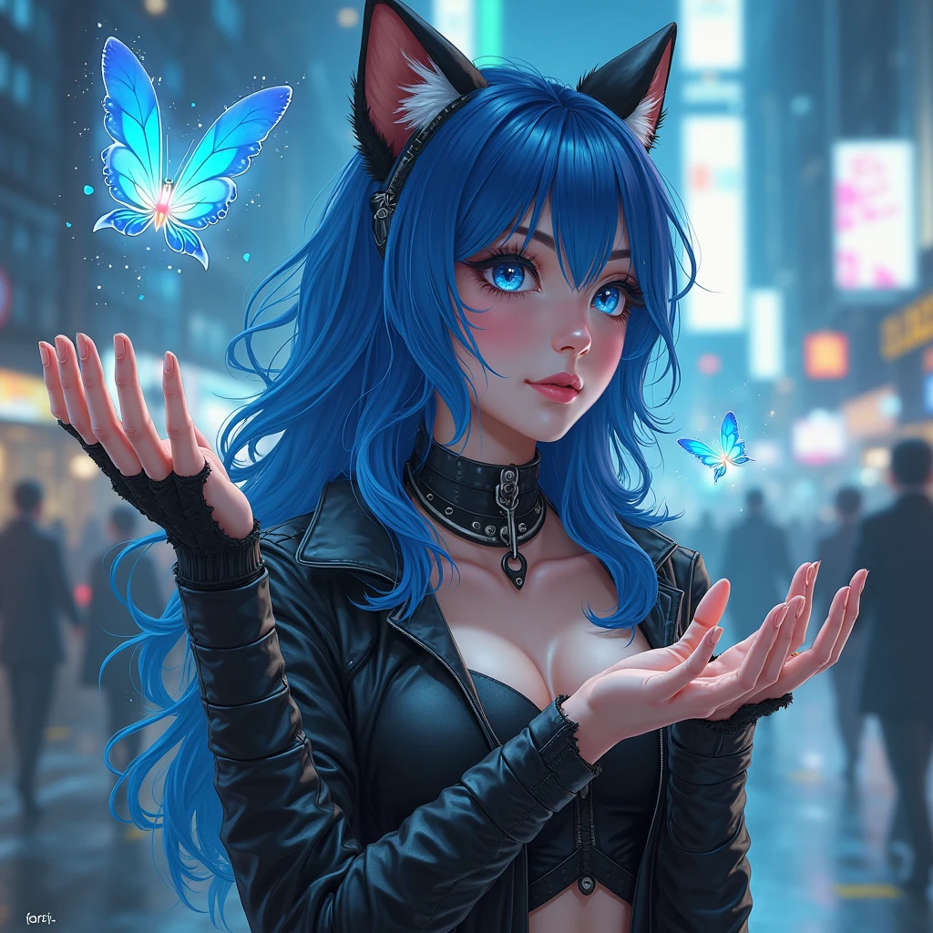 a women, blue butterfly, blue hair, pink eyes