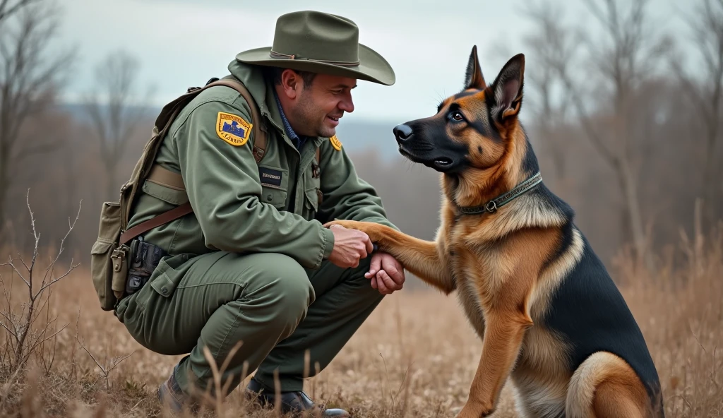 A U.S. forest ranger in full green uniform crouching next to a German ...