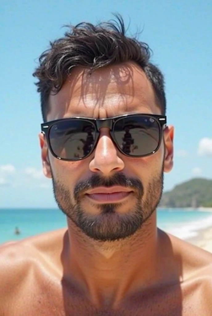 A man with a black cap and sunglasses and no shirt against a blue sky