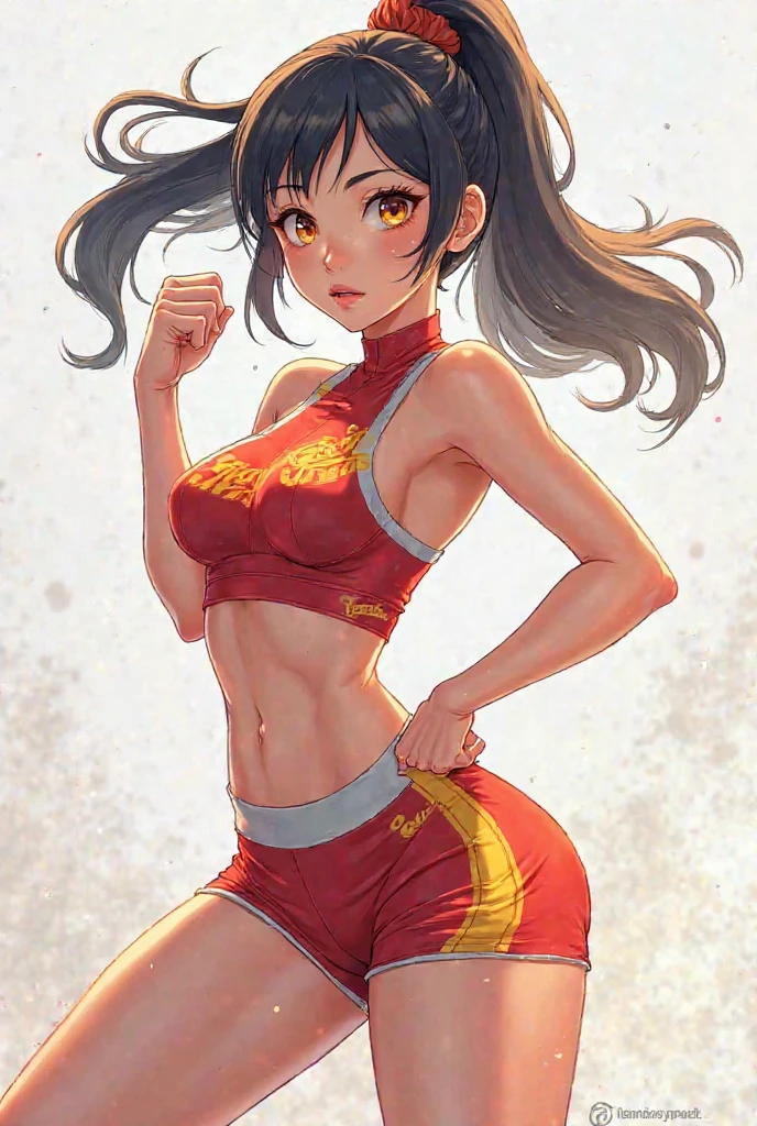 Cute girl, long dark brown hair, yellow eyes, red cheeks, wolf ears, wolf tail, pink dress, big breasts, exposed belly, short pants