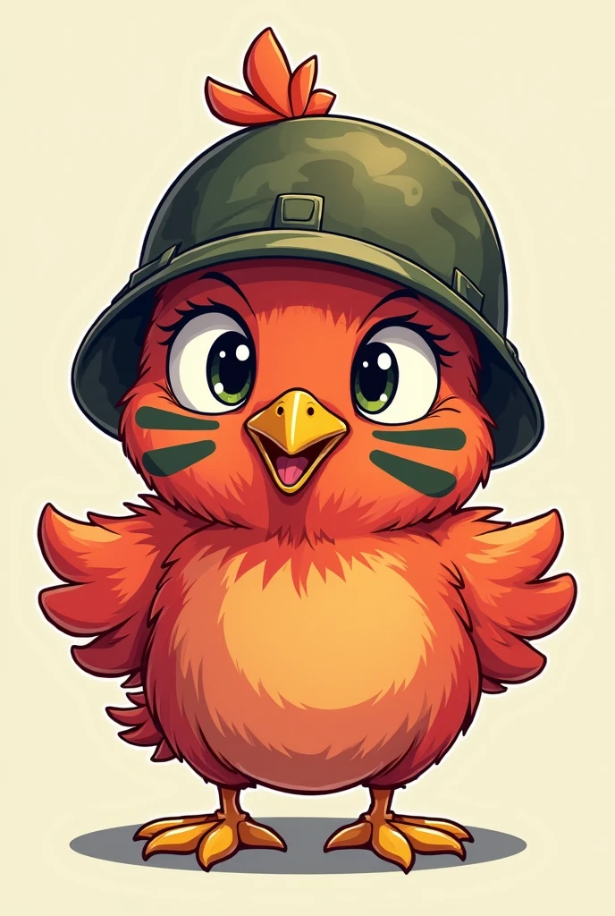 A very angry chick with a war helmet smoking a pipe carrying a waving yellow flag 