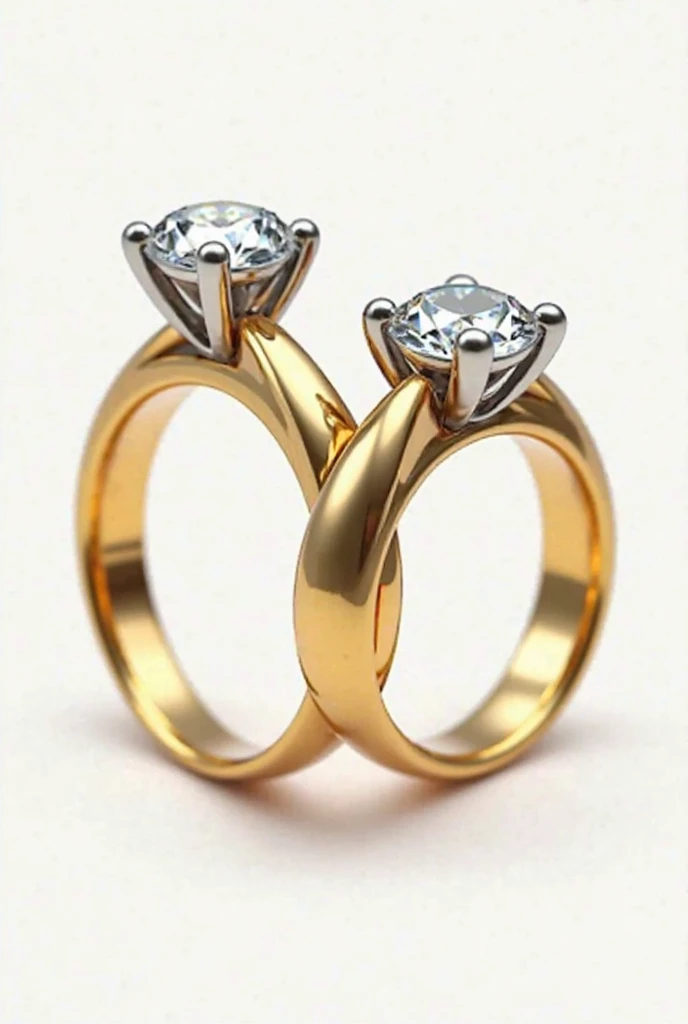 Make an image of two ring interwined they are engagement rings one is shiny and the other one is just a simple gold ring and the other one is VERY SHINY AND WITH A BIG DIAMOND ON CENTER make it look like a drawing but not too realistic