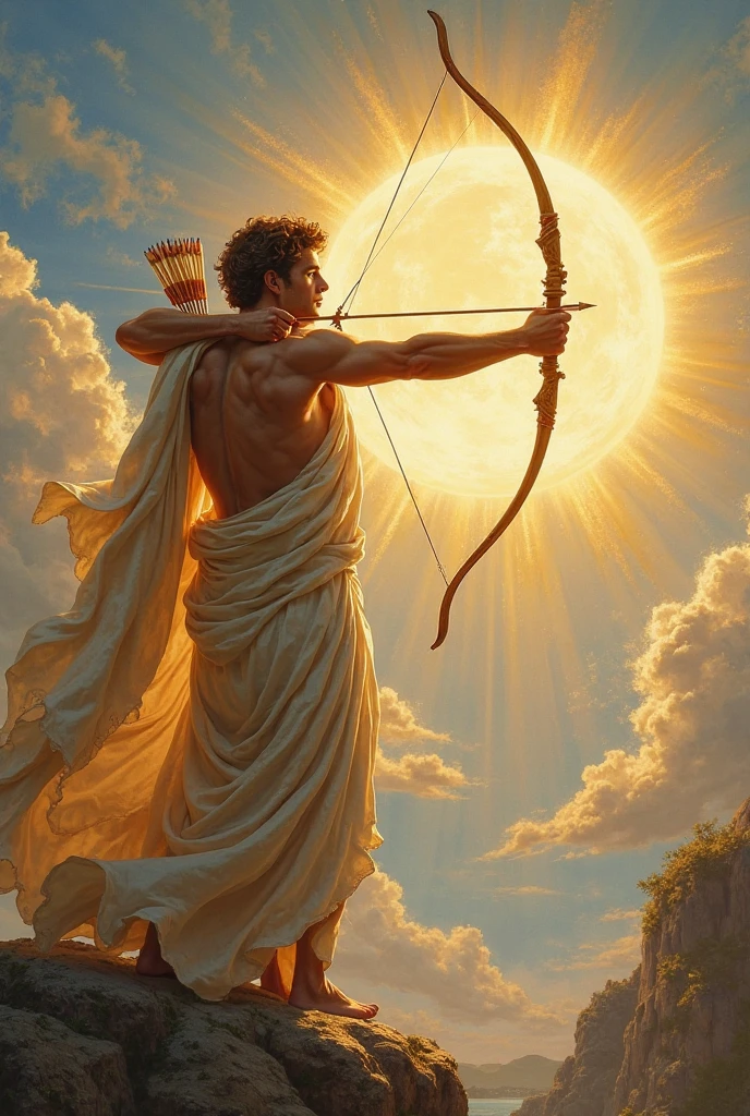 An image for a logo, where only the god Apollo appears in a shooting position with his bow and arrow but instead of an arrow he has a brush
