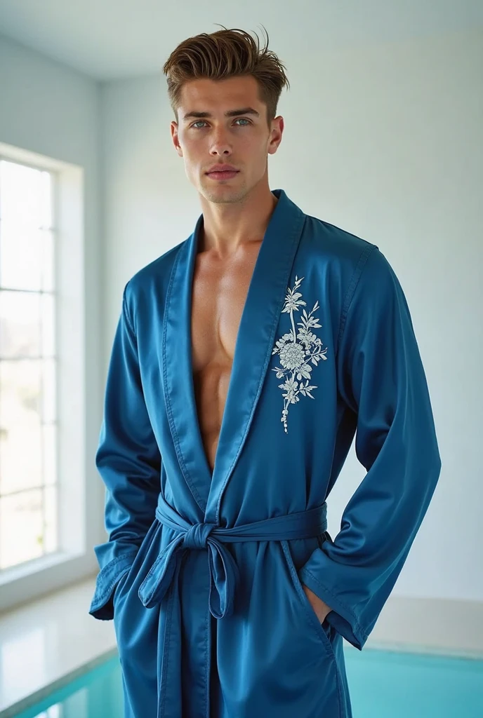 Create a stunning photorealistic featuring a male supermodel. 1boy Mixed of race, ((full body male picture)), (male photo only), (attractive and charming man), (22 -year-old male model), With features reminiscent of a Ken doll, (short blonde hair undercut hairstyle), small pectorals and slender, (masculine appearance), delicate and symmetric face, ((natural olive skin tone)), very photogenic, youthfulness, athleticism, ((place in luxury hotel, Victorian and Oriental art decoration, Surrounded by luxury furniture and colorful wildflowers)), ((wearing pajama and silk robe)), pastel color, ((full body pose, front view, dynamic angle)), unparalleled attention to detail, extremely hyper detailed, sharp focus, natural flesh tones, soft light, highly detailed, intricate details, dramatic composition, realism, high-quality rendering, film grain, insanely detailed, seductive, dramatic lighting, dominant, high definition ,((masterpiece)), ((best quality:1.4)), High Resolution, (ultra_realistic:1.37), (photorealistic:1.4), The photograph is taken with a Canon EOS R7, 85mm f/1.8 lens at an f/2.2 aperture, Employing shadows enhances his features and adds depth to the composition. The careful layering and arrangement of his body parts and surrounding objects ensure a flawless composition. This masterpiece celebrates the beauty of the male form and invites viewers to immerse themselves in a world of sophistication and charm. The seductive lighting and intricate details, combined with a dramatic composition, invite viewers to revel in the essence of a fun-filled day, brimming with joy and relaxation. Attention is meticulously paid to the layers and arrangement of his body parts and surrounding objects, ensuring correct body structure and photo distance, The romantic atmosphere, ((Pay attention to the body composition)), ((Correct body structure)), ((Correct photo distance)), romantic atmosphere, lively gorgeous background,
