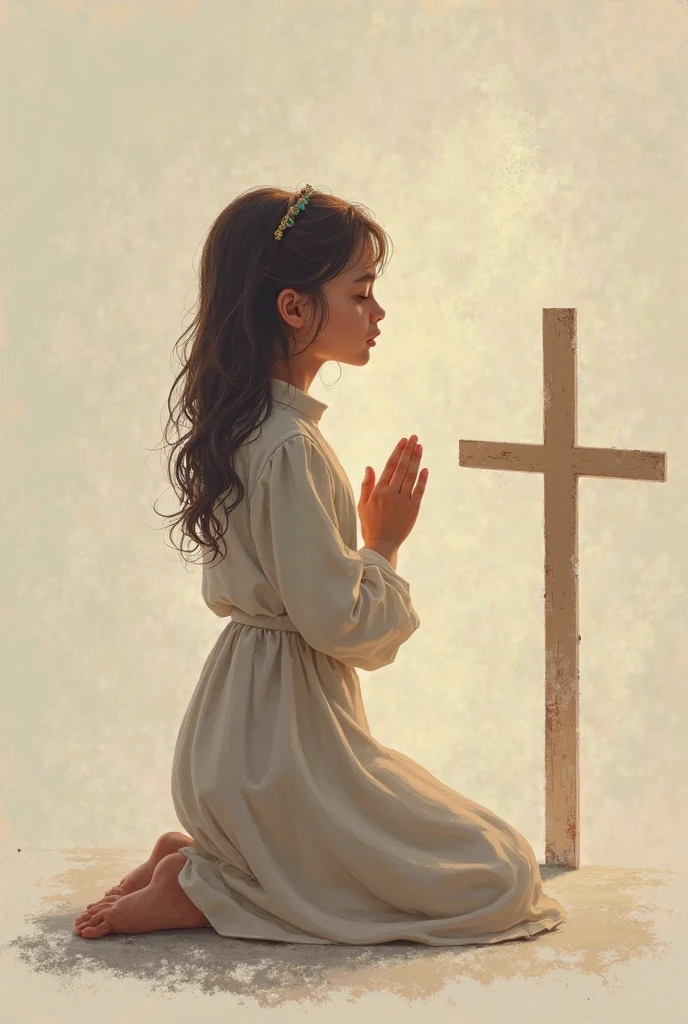 
there is a young kids blonde girl praying with a cross in hands, portrait standing in front of a moon.