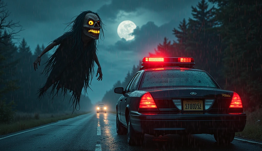 a long-haired zombie,zombie face. Ugly ghost.long hair cover face , ghost, ju-on , ( surfing style pose on the roof of a car)) , wearing a ripped long white dress, car drifting. Car move fast , epic. High shutter speed. , dramatic lighting, cinematic atmosphere, moody color tones, high contrast, photorealistic, 8K, masterpiece, ultra-detailed. At night. Flash photography. In jungle scene. Horror scene. Car turn on light . Drive in car shocked. Moon background. 12 am. Fog night. Wet night. Road cracking. Flashing car lamp light from other side.