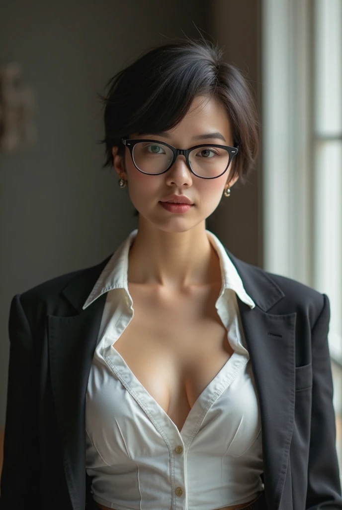 (masterpiece), (Highest quality), (High resolution), detailed, (複雑なdetailed 1.2), (Hyper detailed 1.4), (Gorgeous Digital Art 1.2), One girl, Mature Woman, masterpiece, Mistress showing her bra, goddess,Hair tied up on top of head ,((Black Hair)),Glasses, (Tight Skirt:1.3),