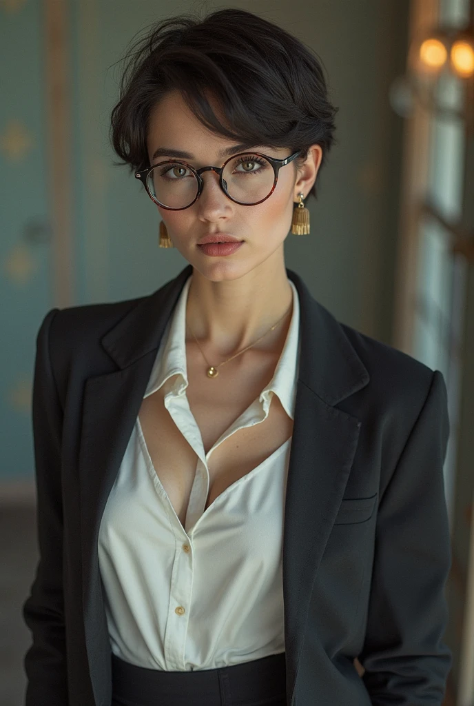 (8K,Photorealistic　Photographie brute　superior quality;1.4) 　(1 femelle mature)　Super beauty　[Kim Kardashian|Zooey Deschanel] (Realistic face)　Attractif, gros seins (Short bob black hair)　Female head of&#39;elite　attractive　Belle expression　silver glasses　Chemisier blanc décolleté et jupe plissée à carreaux Laura Ashley　Portez une veste marron　Une haute résolution　A hyper realistic　une vraie peau d&#39;apparence　high detail　Devant une salle de classe, professeur de l&#39;school, tableau noir, bureaux