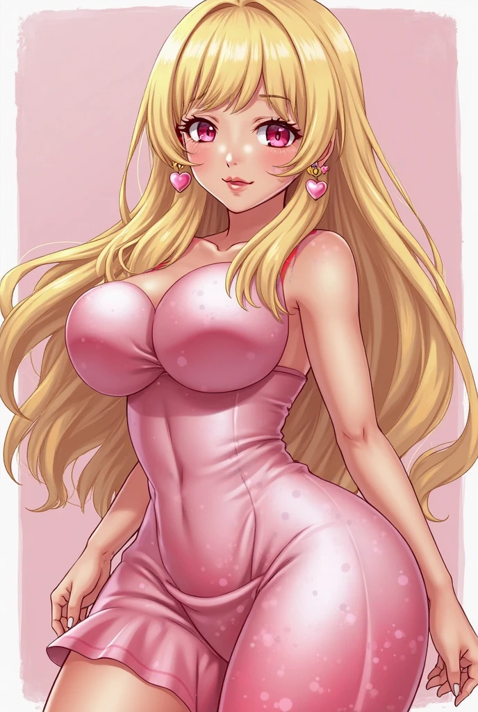 1girl, blonde hair, long hair, big lips, blue eyes, huge breasts, big smile, blush, nose blush, background, standing, cowboy shot, hoodie, centered portrait, thick thighs, pink babydoll dress, spaghetti strap, anime, gands behind back pose, thick thighs, wide hips, narrow waist, hourglass figure, bimbo, one foot up, armpits