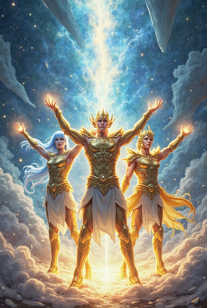 (( high qualiy)). lightning strikes. Lightning power. God Zeus with diamond armor. monstrous titan. golden spear. Zeus holding lightning. Facing demons , Poseidon armor with trident, Hades on his knees, burning fire. fire ray. Cosmic Dust behind. Trident shining.