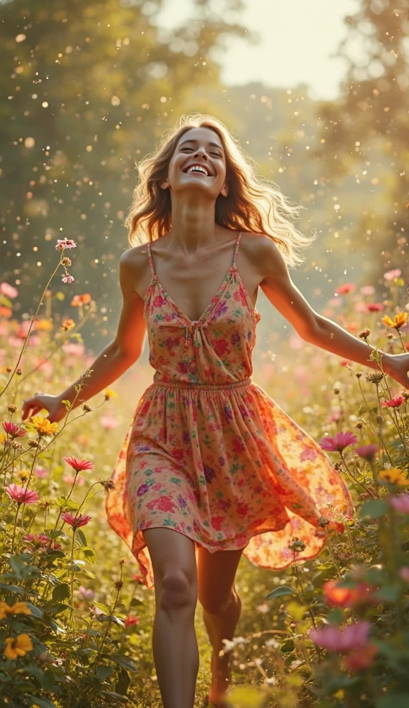 : In a vibrant field of blooming flowers, the model poses in a playful, short floral dress. Her tempting smile and the colorful floral surroundings enhance the charm of the scene