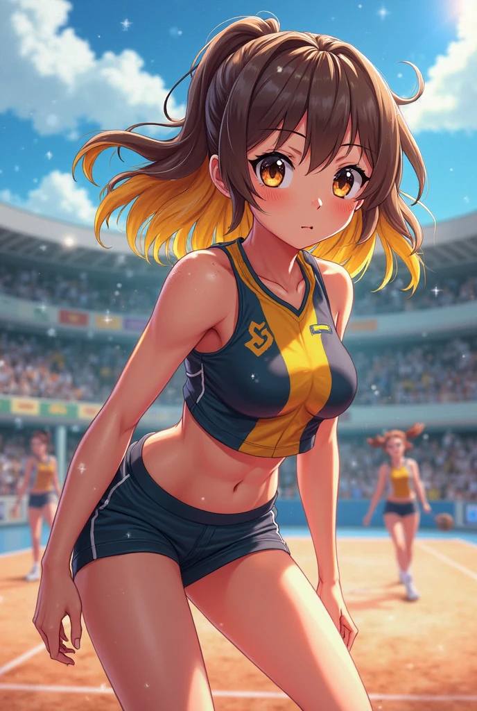 ((best quality)), ((masterpiece)), (detailed), perfect face, (best quality), (detailed skin:1.3), (intricate details), Female professional basketball player, NBA, ((dunk shot, bascketball)), under the goal, jumping, sweat pouring out, a scene during the game, Shirahoshi, mermaid, , cowboy shot, blonde hair, medium hair