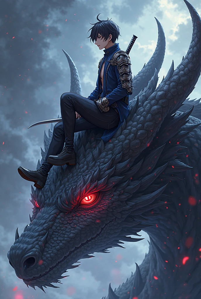 The man in the photo is flying on his dragon with a hood through the night with a crazy look that runs a mysterious red reflection , lembre de colocar uma estética de anime e fazer o corpo dele