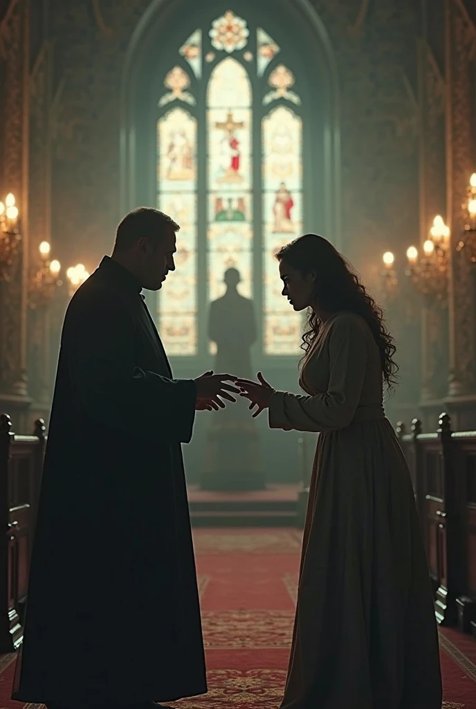 A girl getting beat by her father in church. At the top of the image text reads in a large evil font  (((HopesHeart))). At the bottom of the image text reads (((Broken Chromosomes))),