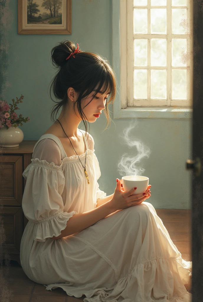 A girl sitting alone in room with a cup of tea - SeaArt AI