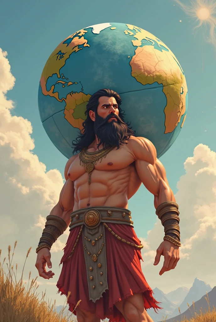 Create an image of a Spartan holding a globe above his head, but do it in black and white, as if it were drawn, with similar lines made in pencil 

