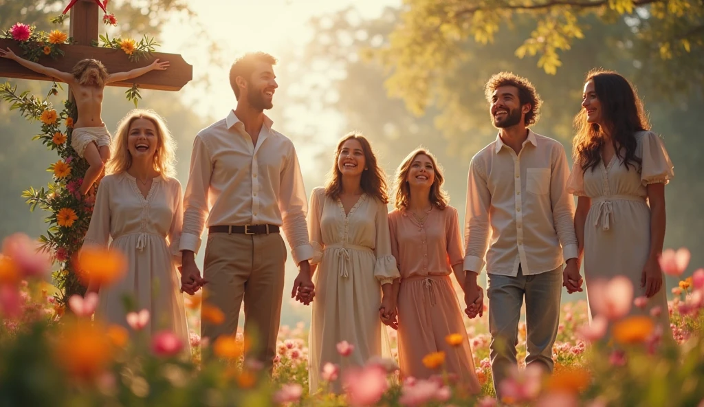 Couple away from friends but in front of them. The girl in the couple is wearing a long dress, the boy is putting his hand on the girl's shoulder. Their four friends, three girls and one boy, come a little behind them. Everyone is happy..everyone is walking on a country road with green trees. A beautiful environment.