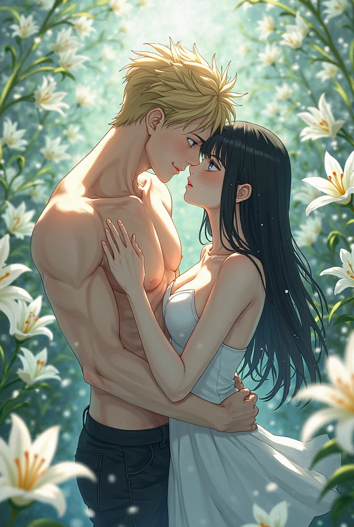 (best quality, high resolution, ultra-detailed, realistic), 1boy, 1girl, boy and girl kissing, boy without a shirt, girl wearing a bikini, boy and girl wearing pants, affectionate embrace, gentle touch, soft lighting, romantic atmosphere, sunlit garden, lush greenery, blooming flowers, vibrant colors, dreamy ambiance, intimate moment, peaceful tranquility, tender affection, passionate connection, golden sunlight, sparkling water reflections, gentle breeze, blissful happiness, loving gaze, beautiful smiles, captivating chemistry, perfect harmony, beautiful detailed eyes, beautiful detailed lips, long eyelashes, flawless skin, radiant beauty, carefree joy, natural poses.