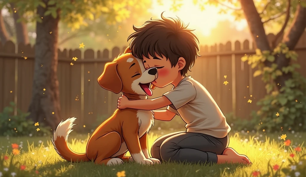 Snoopy hugging a with very short dark hair
