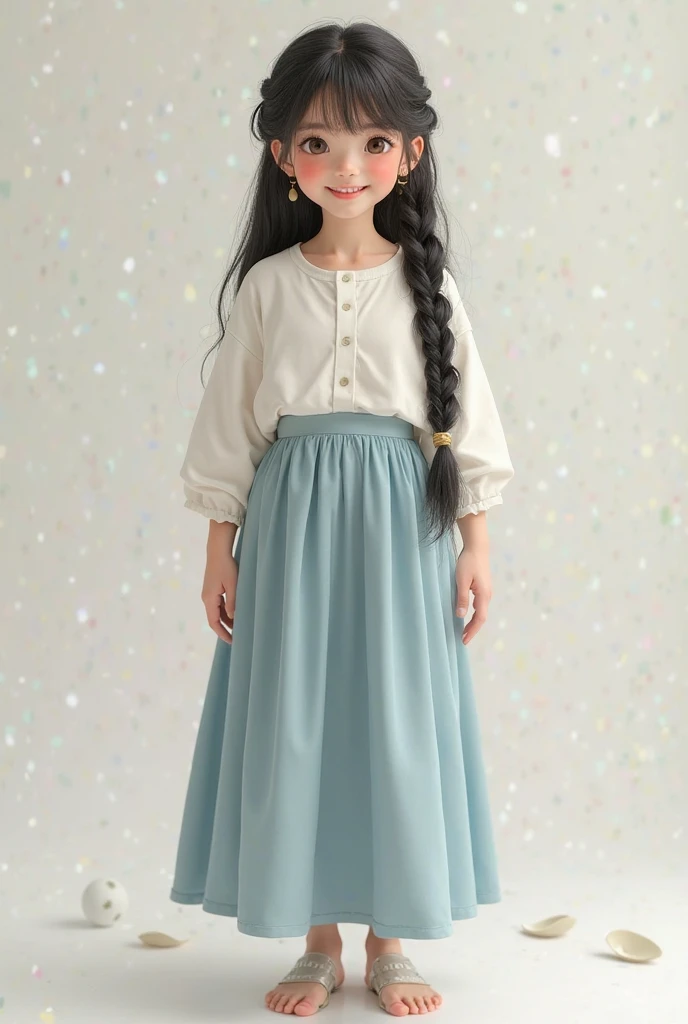 Hand-drawn watercolor illustration, One Girl,Black Hair(Two braids),, White blouse,Pale green long skirt,13 years old,smile,Simple and cute kids room,cute, cute, Simple, Pencil line drawing