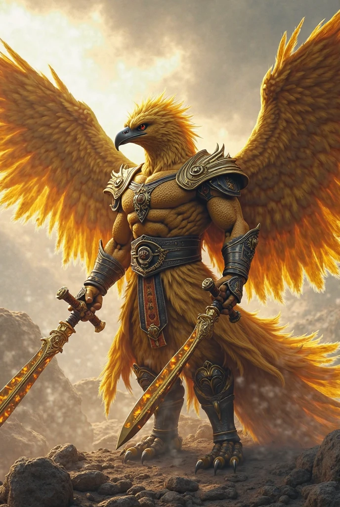 The anthropomorphic eagle vulture can be described as having a human body and（Eagle's head）and golden wings，Someone's arm，（Eagle's legs），Creatures walking upright，（full body portrait），（far view），（（Beautifully detailed griffin））（极其详细的CG Unity 8k壁纸），Professional majestic oil painting by Ed Blinky，Atea Gaylan，Studio Ghibli，Jeremy Mann，Greg Manches，Antonio Moreau on display at ArtStation，popular on CGSociety，sophisticated，high-detail，Sharp focus，Dramatic photorealistic paintings by Midjourney and Greg Rutkowska。super high res， best quarity， photore， 8K， （lifelike： 1.2）， cinematic Lighting，A giant wearing a bright gold robe and golden feathers，Float on a crystal throne，Floating on a crystal cloud，Yellow eyes，A bright yellow glow emanates from the throne，Gemstones float in the sky，god almighty，Beams of light enveloped his body，  There is a large translucent on the crystal throne（Golden feathered wings），Wings spread，Golden light overhead（aura：1.2），The abdominal muscles are dressed in medieval gold armor，golden feathers，mascular，The dark，Meisterwerk，best quarity，Complicated Detail，Snow environment and crystal in background，Crystal Cathedral，Portal of the future，3D光，hdt，MAGIC，God of Light，back lighting，Detailed face， dread，depth offield，Soft lighting，tonemapping，highly detailded，concept art by theCHAMBA，SMOOTHNESS，Clear focus，Dramatic lighting，highly detailed art，CINEMATIC，8K，amazing shadows（highly detailed background：1.2） --auto --s2