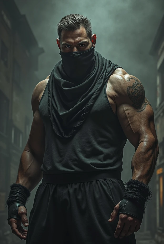 A muscular man, wearing no shirt, with a balaclava, IN A DARK STREET, under the glow of a neon, holding a knife, intense stare, sombra no rosto.