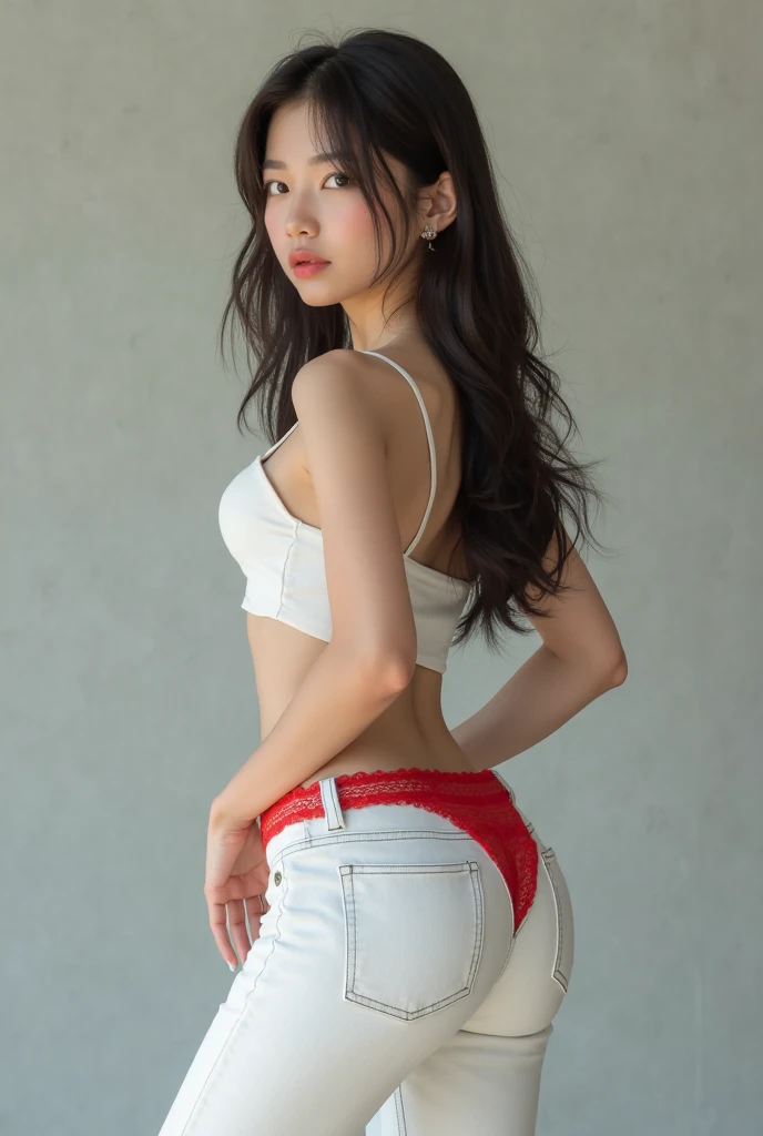 A woman is standing wearing a white tank top and red triangle bikini bottom. She has long hair and appears to be posing for a photo. The white tank top contrasts with the bright red panties, creating a striking visual. The woman''s outfit is simple yet stylish, showcasing a casual yet confident look. The colors in the image are primarily white, red, and shades of brown. The woman''s expression is neutral, and she exudes a sense of ease and comfort in her attire. Overall, the image captures a moment of casual elegance and femininity. big breast,