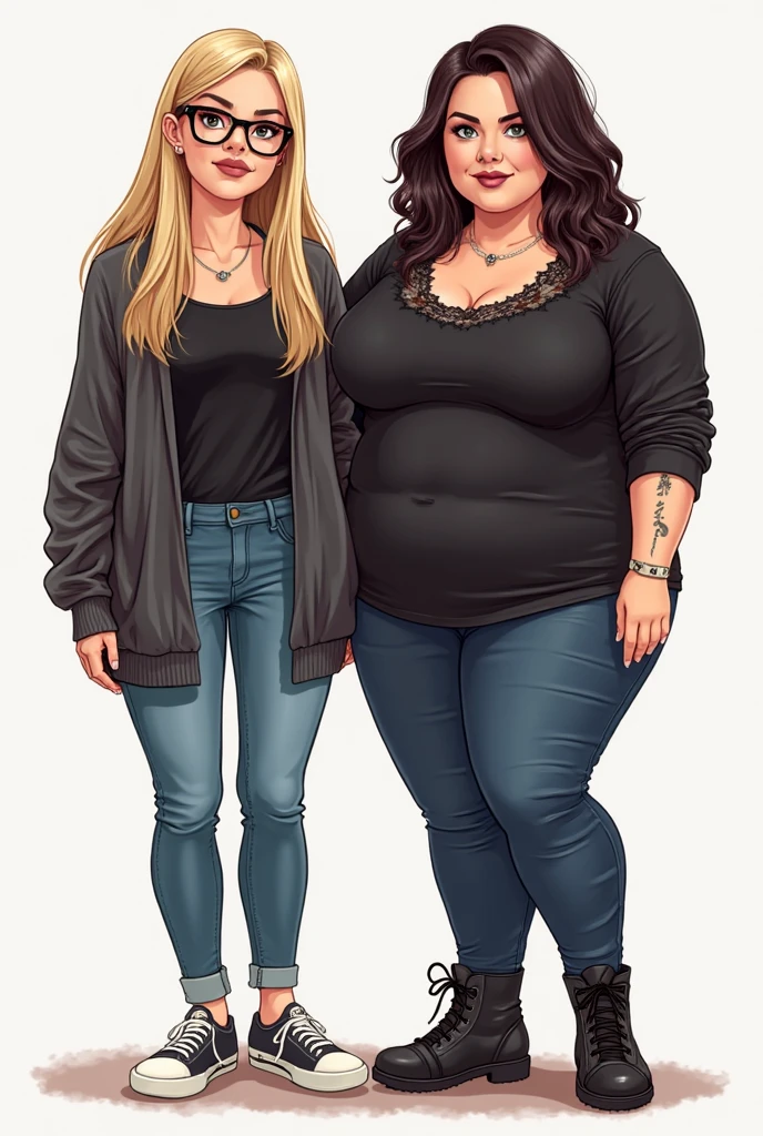 There are two women in tight pants standing in a kitchen, thicc, varying thickness, grosso, thick thieves, arte digital dos desenhos animados, arte digital em quadrinhos, Cartoon style illustration, desenhos animados realistas, desenho animado de arte digital, official illustration, trending on bbwchan, in illustration style digital, plus size, Arte Oficial, arte dos desenhos animados, art cover illustration