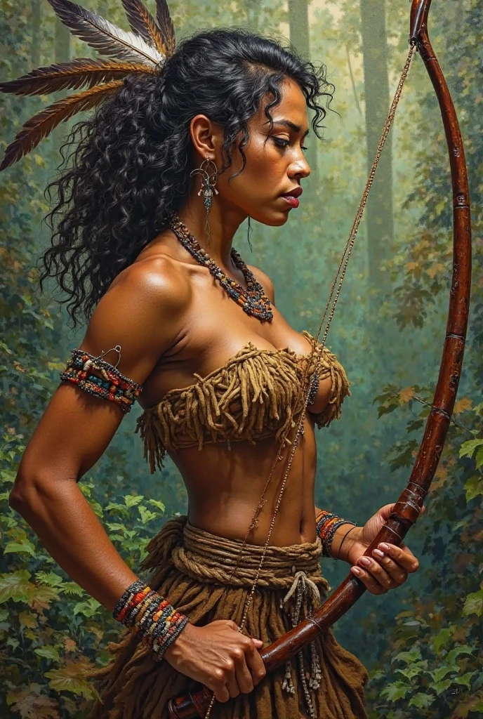 Make a picture of a black woman with curly hair in the forest with a bow and arrow