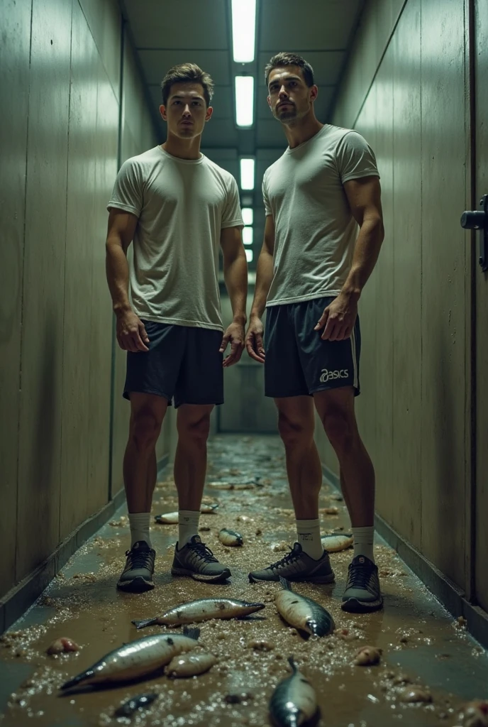 full view full body, two shirtless muscled white teenboys with undercut haircuts, in white lycra suits and white socks, shoeless, no shoes, punching eachothers torso in a dungeon