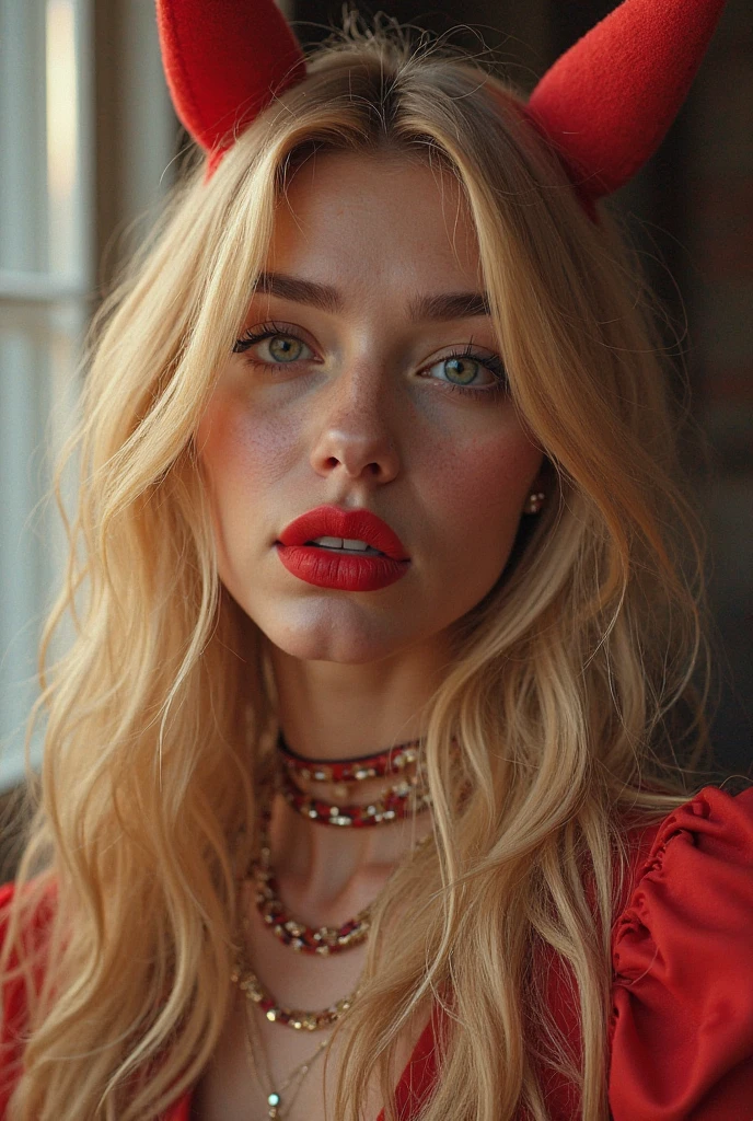 cute albino supermodel face, heart shaped face, small pug face, round vivid blue eyes, full lush lips, albino pale skin, perfect skin texture, real, photo, soft shadows, no makeup, high cheekbones, big alien forehead, beautiful red shiny girl , small cute nose, strong jaw line, white eyebrows, head turned, eyes looking at camera, blood red hair, red hair, albino, at the bar , Red dress , it looks great , bent over , full-length photograph