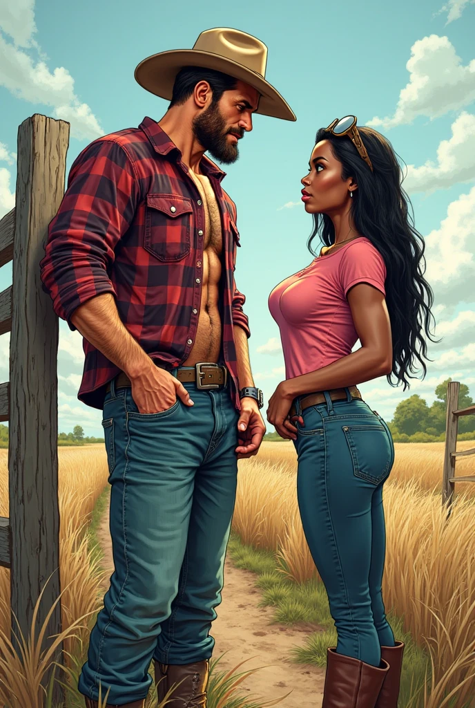 In the background there is a field with flowers, A dark-skinned woman with wavy hair and abundant black eyes, a muscular white-skinned man with light brown eyes, dark brown hair and little beard, Two rabbits, one ash grey and the other black and white.