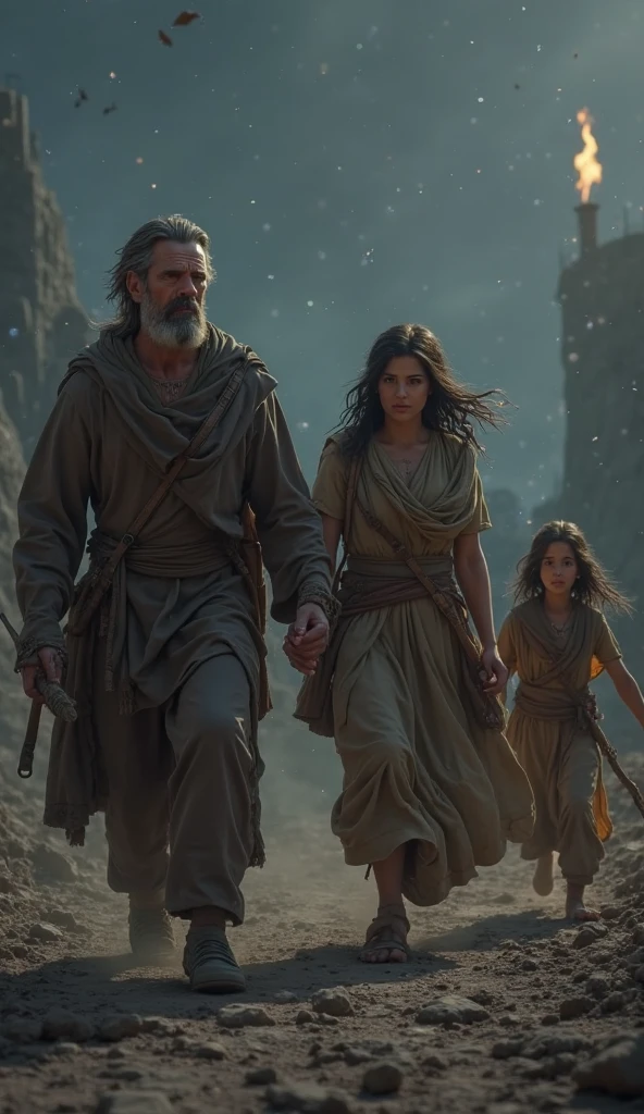 {
"prompt": "The image depicts Lot's family as described in the Bible, set in the ancient city of Sodom. Lot is a middle-aged man, with a worried expression, wearing simple period clothes, made of linen in earthy tones. Next to Lot, is his wife, a woman with a tense look, wearing a long, modest robe, with hair partially covered. She has a rigid posture, indicating his hesitation to leave the city. His two young daughters, who are close to 20 years old, have an expression of fear and uncertainty. They are holding their parents' hands, wearing simple long dresses, with loose hair. The family is positioned in front of the gates of Sodom, as the sky in the background begins to turn red and gray, indicating imminent destruction. The atmosphere is charged with tension and urgency, highlighting the crucial moment when the family must leave to save themselves."
}
