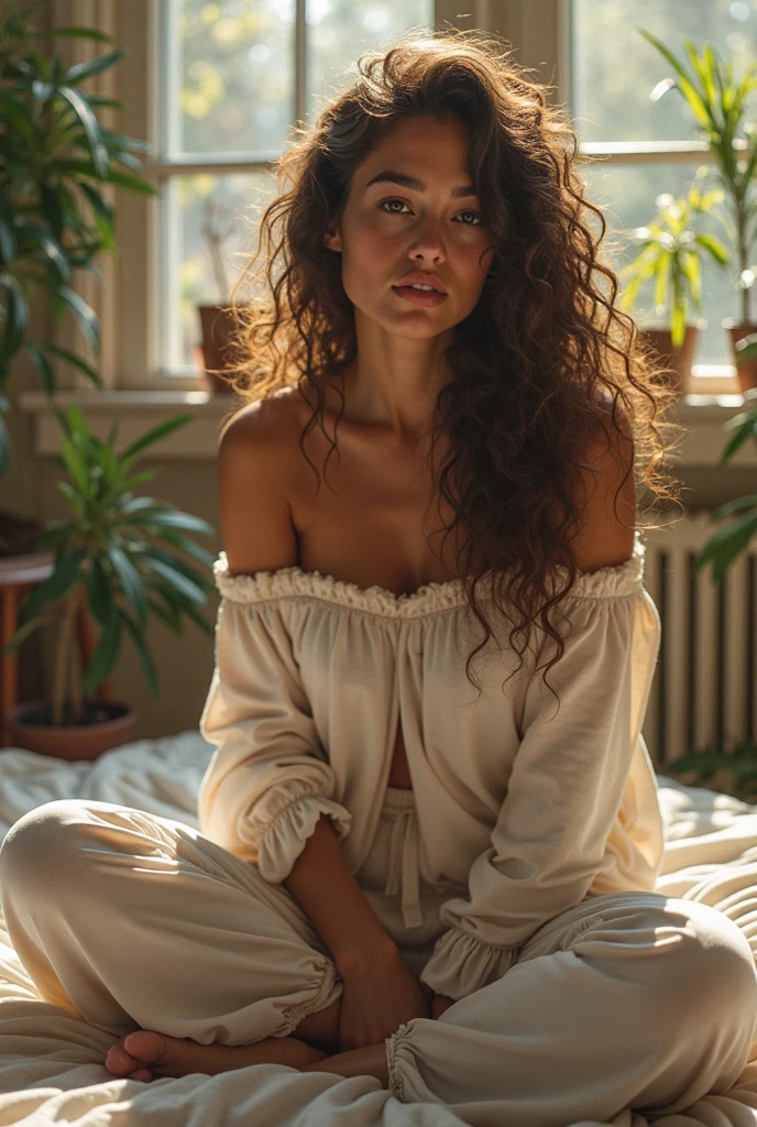 (photorealism:1.2), beautiful woman, sitting on bed, wearing loose off-shoulder top, pajama pants, long curly hair, indoors, soft lighting, plants in background, window with sunlight, cozy room, relaxed pose, realistic, intricate details, warm colors, by Greg Rutkowski, by Alphonse Mucha