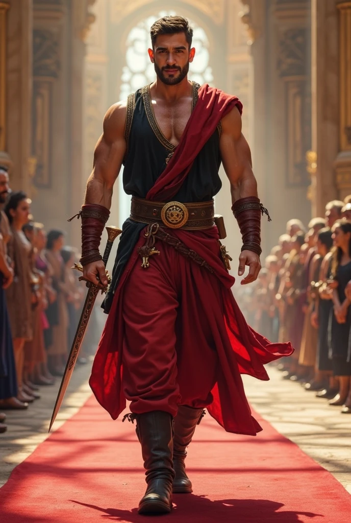 An man holding a sword.an attractive shirtless homoerotic young Michael with a heavy bulge in his naked overalls. ruggedly handsome french settler. highly detailed symmetrical painting by gaston bussiere, craig mullins, j. c. leyendecker, alphonse mucha. cinematic epic + rule of thirds. cinematic composition. concept art. ultra wide angle. 35mm. 8 k, masterpiece, best quality, highres, realistic, twink, chest hair, mustache, whole body, see-through