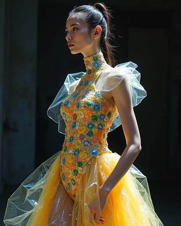 Generate a collection of translucent and transparent, liquid fire, BDSM styled dresses on models to promote mental health awareness on fashion show runway. The collection should be both visually striking and meaningful, and it should convey a message of hope and resilience. The collection should be sustainable and ethical, made from recycled materials or produced in a fair labor environment. With light inside.
