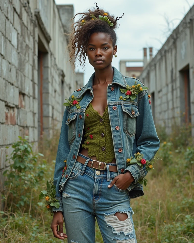 2076 AD urban decay wasteland, hunter gatherer women picking fruit in the garden, torn shirt, no zombies allowed,