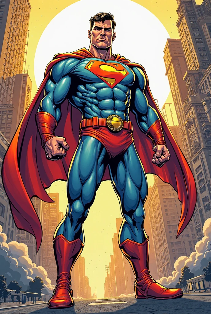 Nicolas Cage vestido de Superman flotando el aire, tiene los ojos rojos llenos de ira, cabello largo y liso en movimiento por el viento, usa un uniforme en tonos dorado y negro, has arms in a position of strength, los antebrazos junto al cuerpo y las manos extendidas hacia el exterior, Space is composed of strange stars and planets, estilo de comic ultra detallado, Shadows are drawn as simple strokes. Obra maestra, alta calidad, dramatic illumination, rostro y ropa hiper detallados.