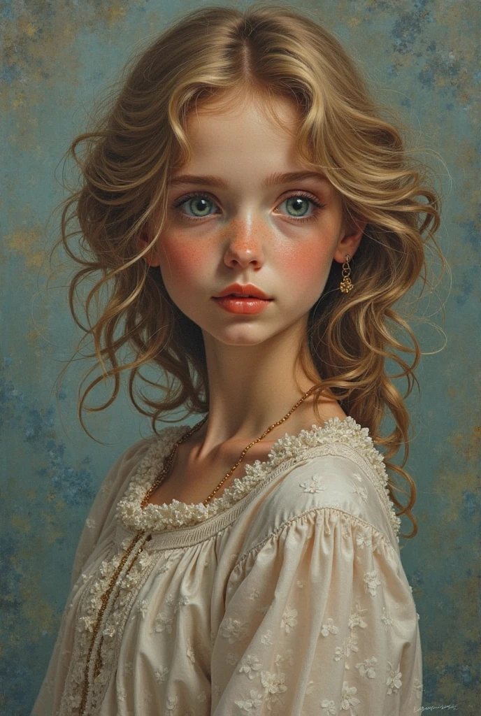 a sickly girl,masterpiece:1.2,portraits,pale skin,innocent eyes,long curly hair,thin body,frail appearance,pale lips,soft expression,vivid colors,gentle lighting,dreamlike atmosphere,playful background,medium:oil painting,soft brushstrokes,delicate details