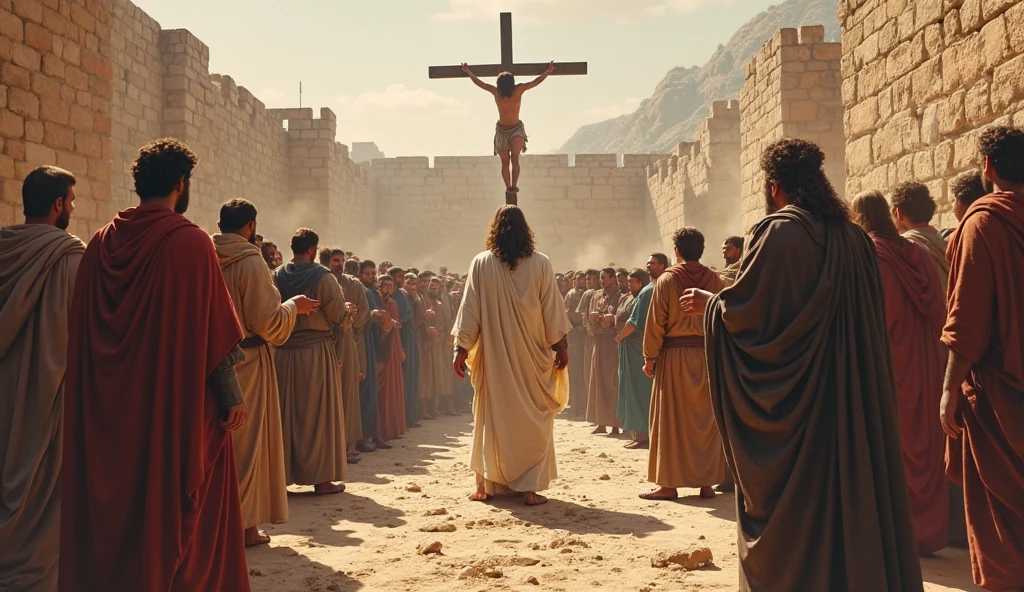 People 2,000 years ago in Jerusalem crucifying Jesus, the holy and Just, the people's faces are full of joy at seeing the pain on Jesus' face, even with pain, nothing is said