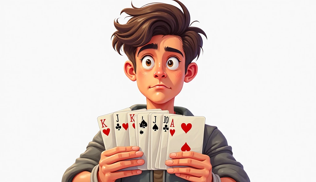 short black hair boy holding a poker card in his hand with his fingers. serious look smiling and determined. short T-shirt 